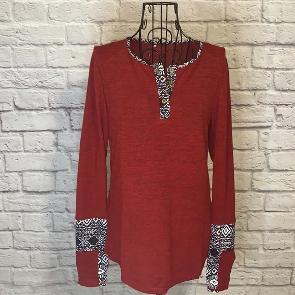 HOST PICK Aztec Burgundy Long Sleeved Henley Top - Picture 5 of 6